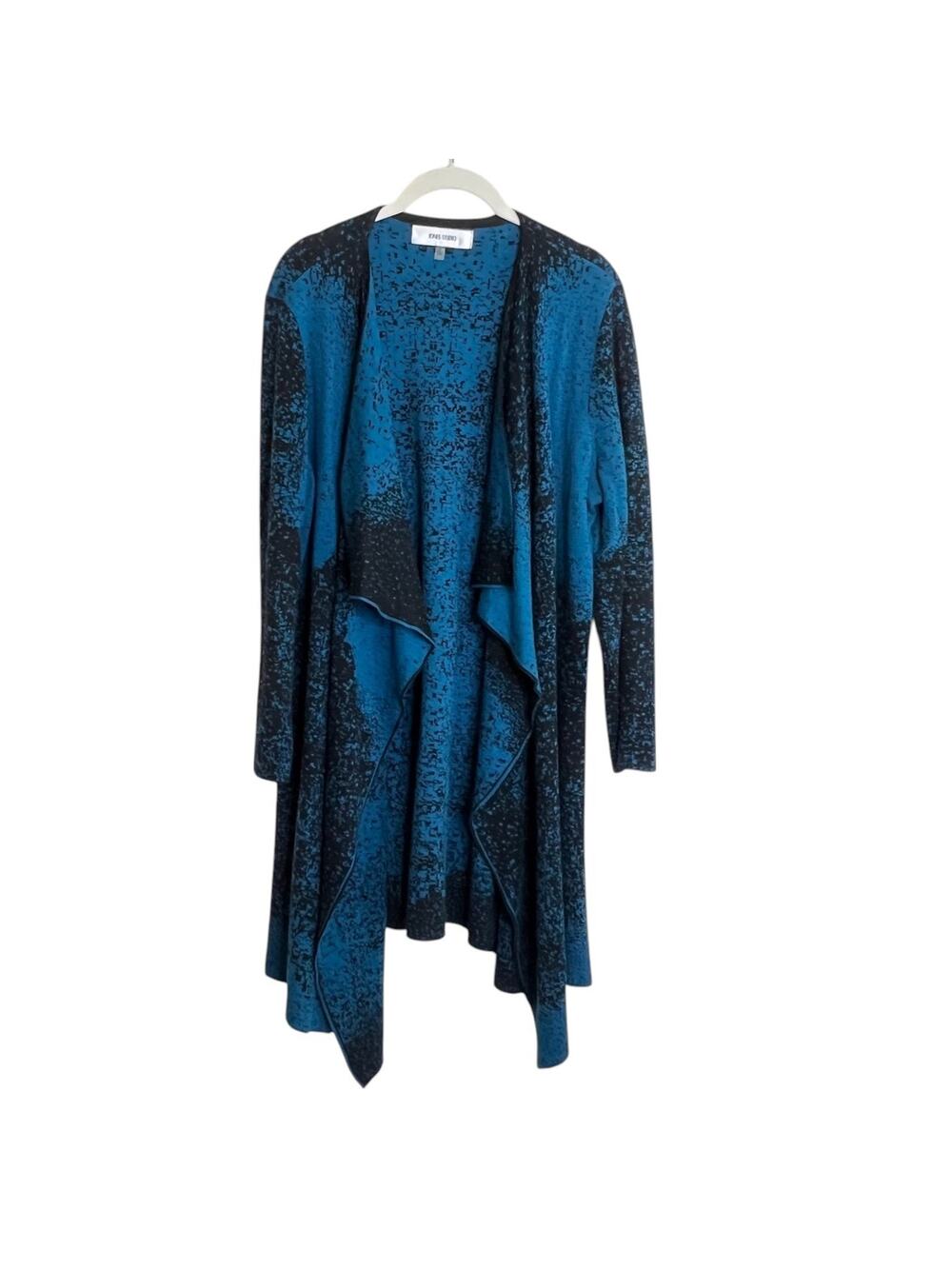 Jones Studio Womens Cardigan L Blue Black Abstract Open Front Drape Hem Sweater